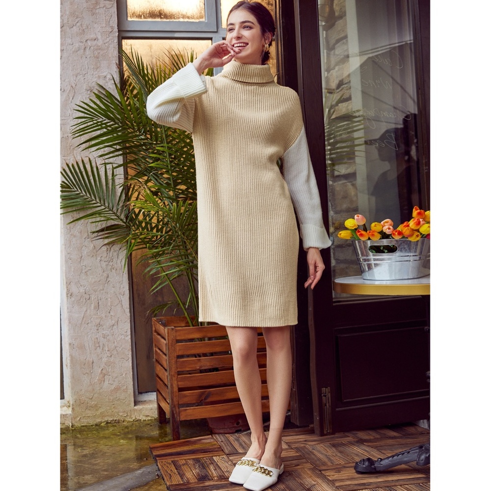 Colorblock Knit Sweater Dress Turtleneck - Picture 13 of 16